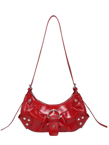 Vintage Y2K Shoulder Bag for Women,Small Belt Buckle Satchel Purse Leather Handbag Clutch Purse, Underarm Tote Handbag for Daily Use - Wine Red | Amazon (US)
