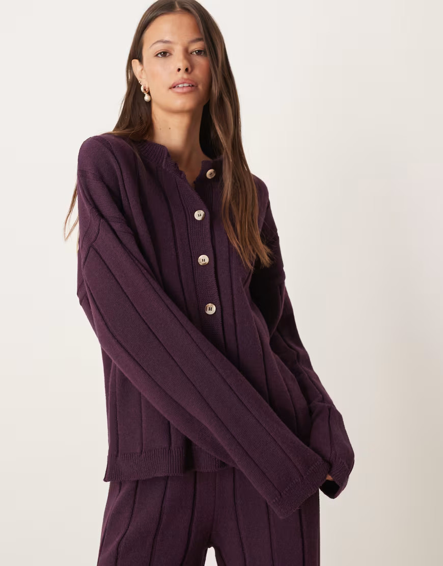 ASOS DESIGN knitted cotton cardigan co-ord in plum-Purple | ASOS (Global)