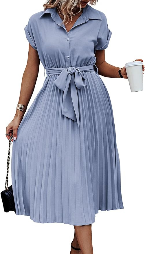 ECOWISH Womens Casual Midi Dresses Solid V Neck Short Sleeve Button Shirt Belted Dress with Pocke... | Amazon (US)