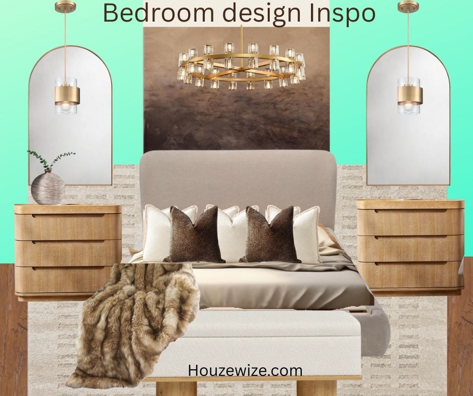 Luxe bedroom design inspiration.  Side tables, RH inspired chandelier, faux throw, modern bench, upholstered bed, arches mirrors  

#LTKSaleAlert #LTKHome #LTKGiftGuide