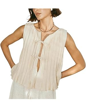 Linen Tie Front Tank Top,Sleeveless Bow Tie Front Peplum Blouse,Pleated Cutout Tie Front Tank Top... | Amazon (US)