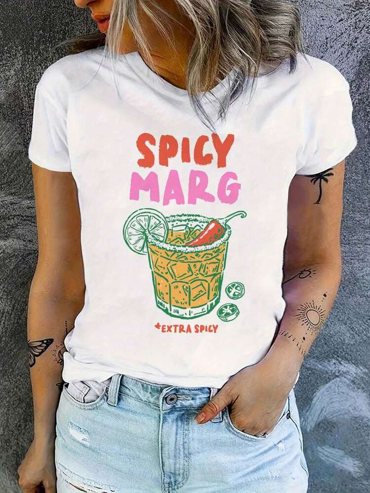 Spicy Marg Women'S-Shirt - Elegant Summer Crop Top With Spicy Marg Graphic, White Crew Neck, Shor... | SHEIN