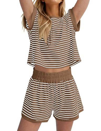 MISSACTIVER 2 Piece Lounge Set Women Stripe Knit Short Sleeve Tee Shirts Shorts Casual Summer Lou... | Amazon (US)