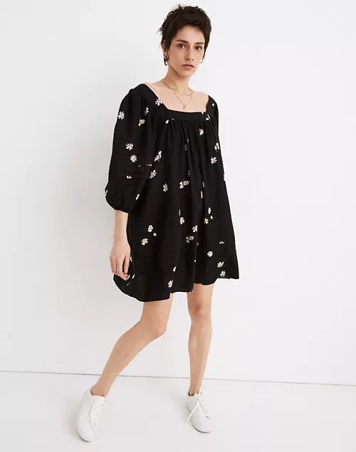 Square-Neck Pleat-Detail Mini Dress in Lazy Daisies | Madewell