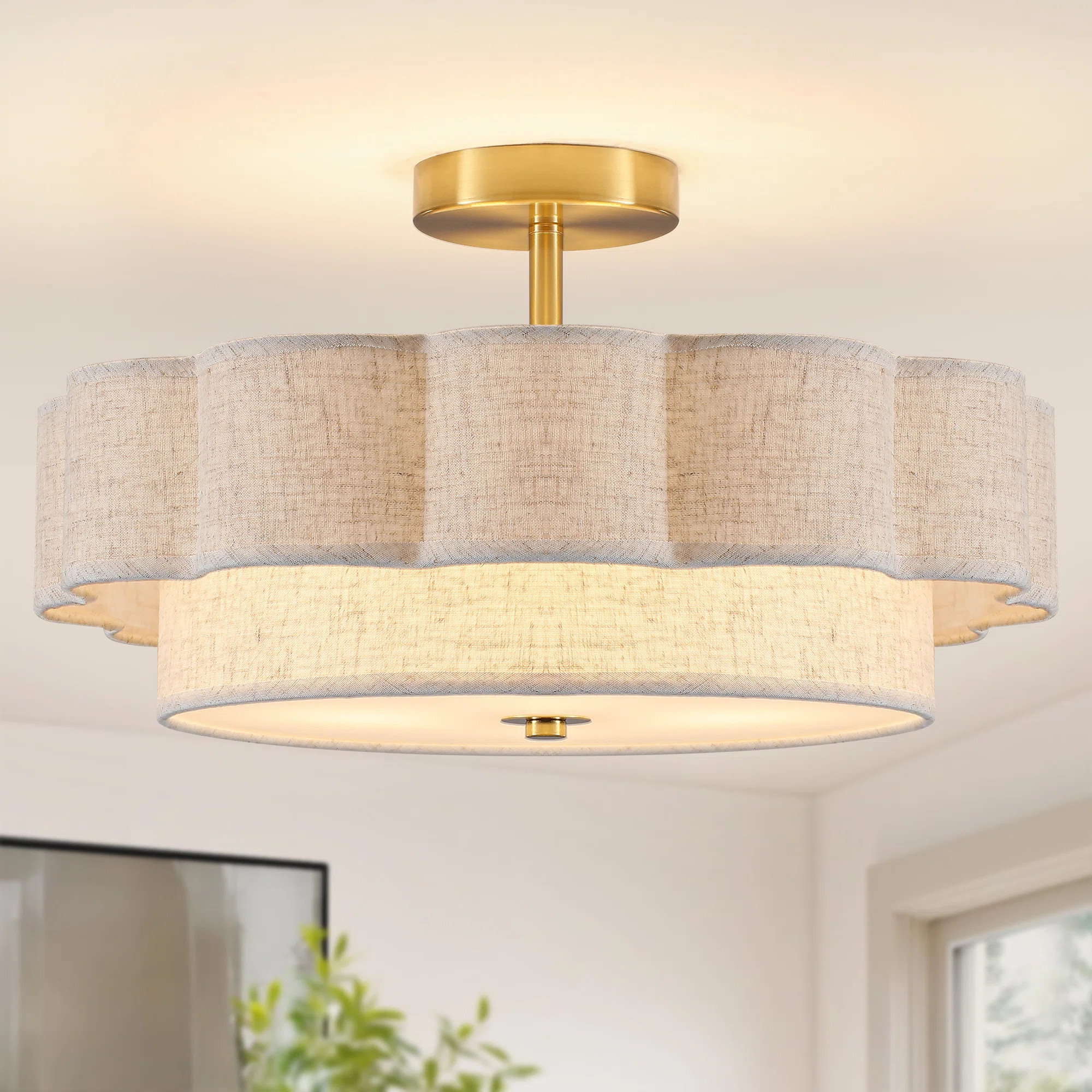 3-Light 17.7" Modern Semi Flush Mount Ceiling Light With Petal-Shaped Fabric Shade, Vintage 2-Lay... | Wayfair North America