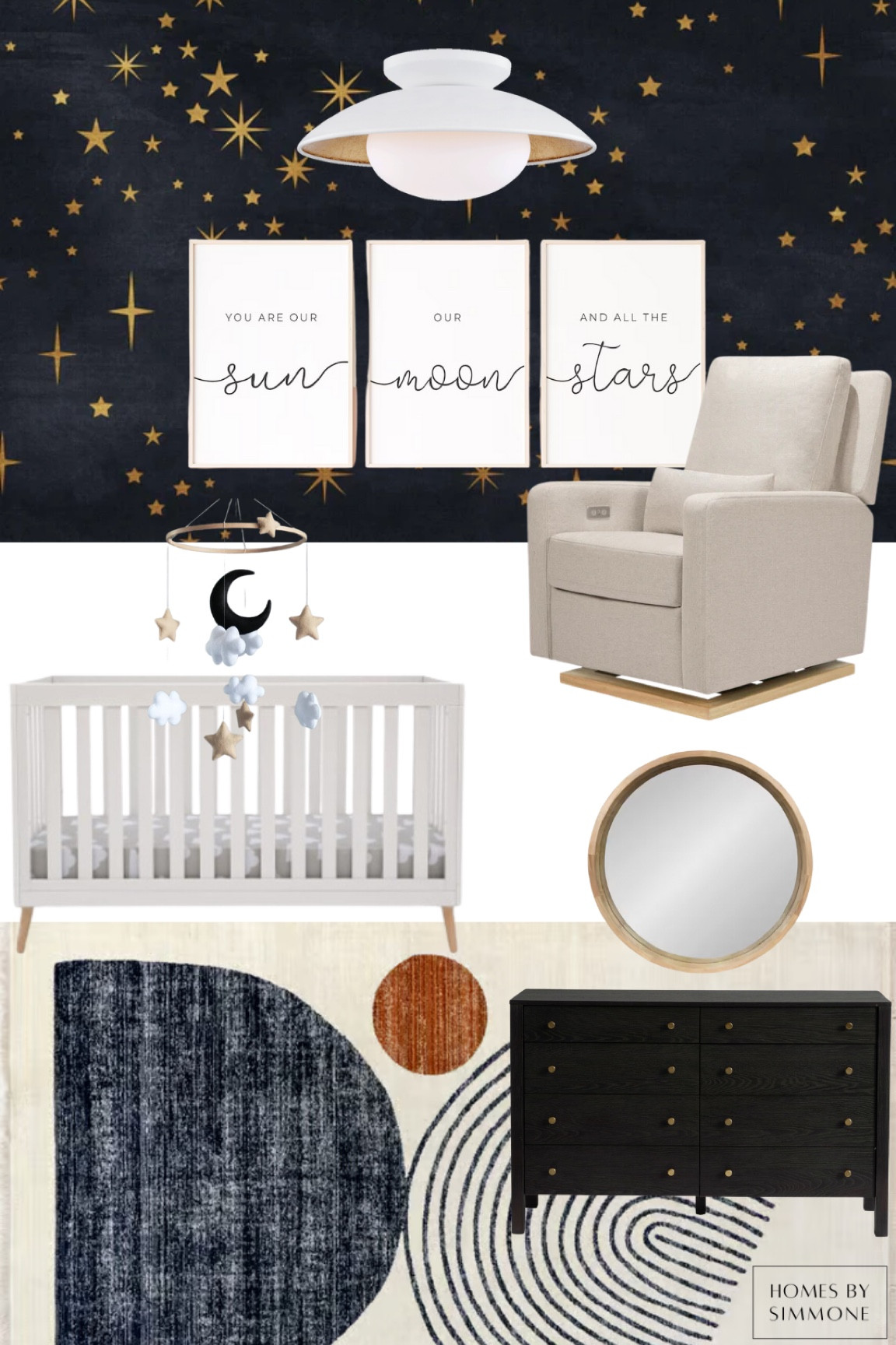 Little dreamer nursery mood board with wallpaper, artwork, area rug, recliner, crib, baby mobile, dresser, and mirror ☀️☁️🌑💫

#LTKhome #LTKbaby