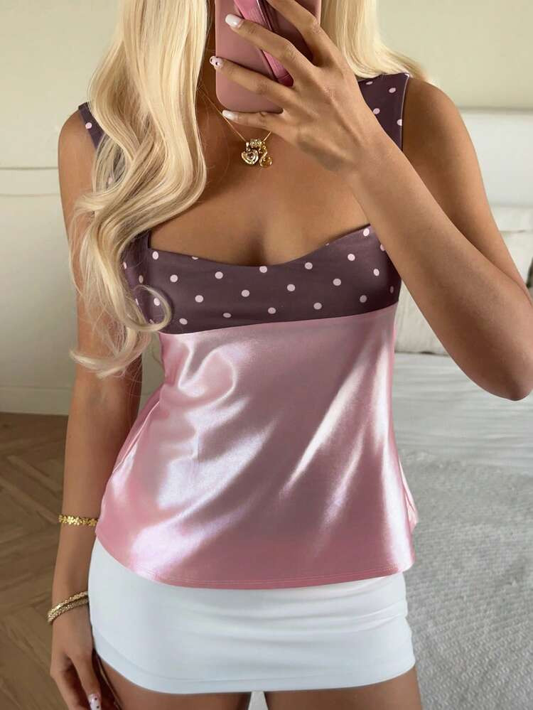 CovetEZ Women's Clothing 2026 New Sweet Casual Party Glossy Satin Pink Polka Dot Color Block Patchwork Back Tie-Up Camisole Top | SHEIN
