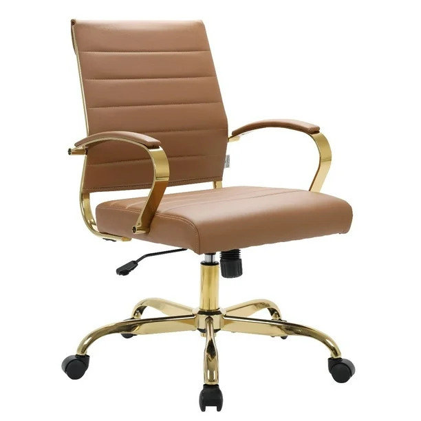 LeisureMod Benmar Mid-Back Swivel Leather Office Chair With Gold Frame in Brown - Walmart.com | Walmart (US)