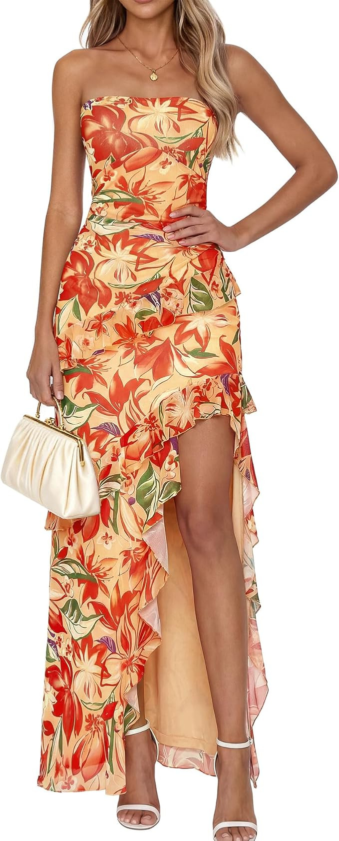 BTFBM Off The Shoulder Dresses for Women Summer 2026 Strapless Ruffle Slit Formal Wedding Guest D... | Amazon (US)