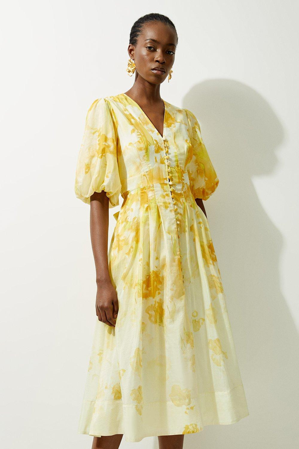 Silk Cotton Trailing Floral Puff Sleeve Midi Dress | Karen Millen UK + IE + DE + NL