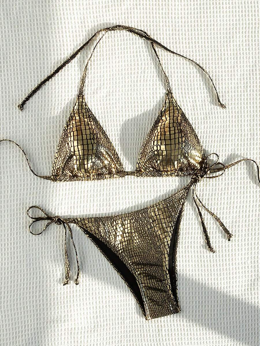 SHEIN Swim 2pcs/Set Women's Metal Texture Halter Tie Sexy Bikini Swimwear For Beach Vacation, Yea... | SHEIN