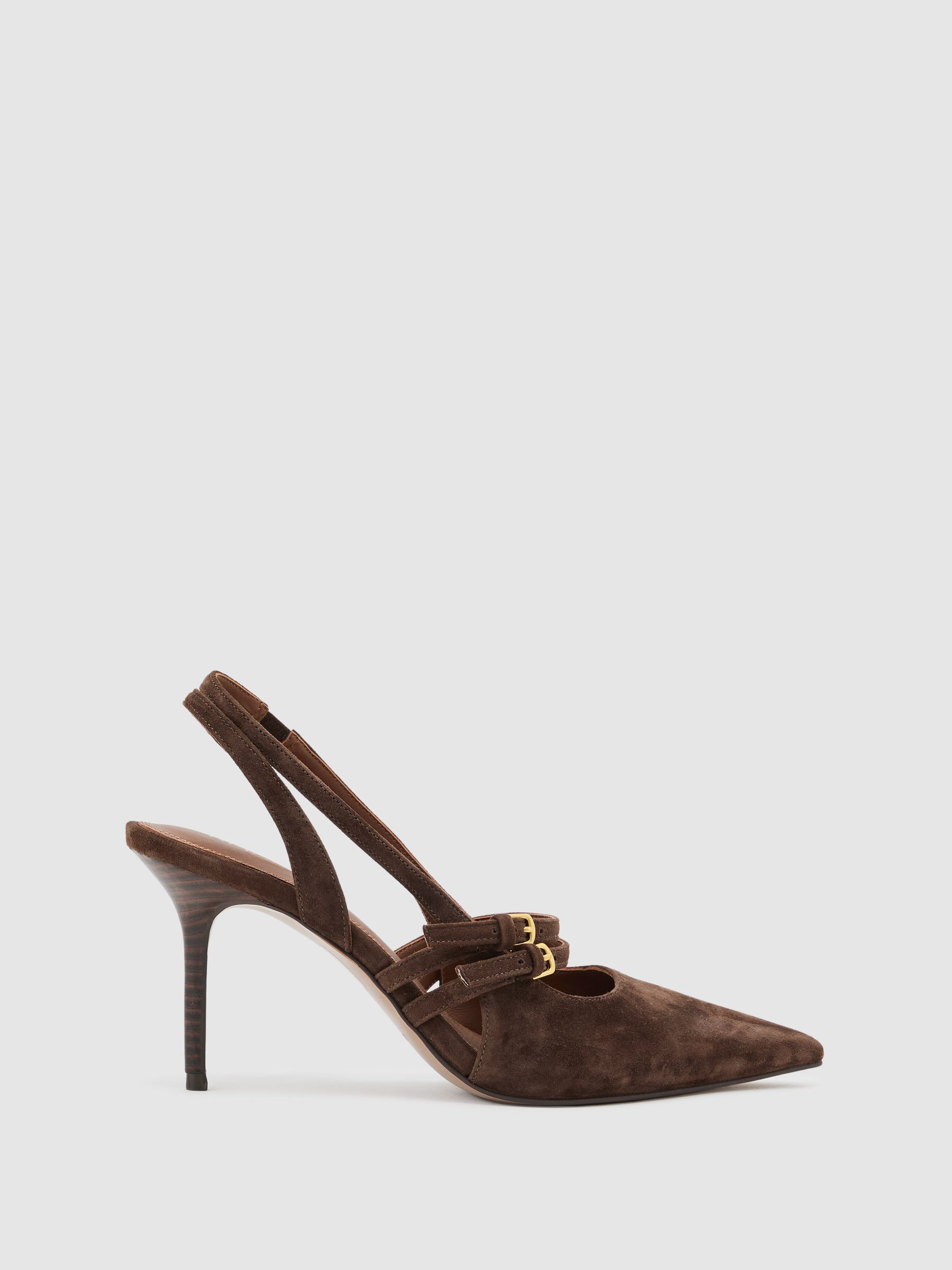 Reiss Suede Buckle-Strap Court Shoes in Chocolate - REISS | Reiss UK