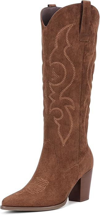Pasuot Suede Cowboy Boots for Women - Western Knee High Cowgirl Boots with Side Zipper, Retro Poi... | Amazon (US)