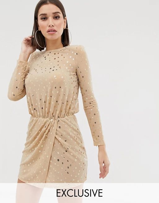 Flounce London sequin mini dress with shoulder pads in gold | ASOS US