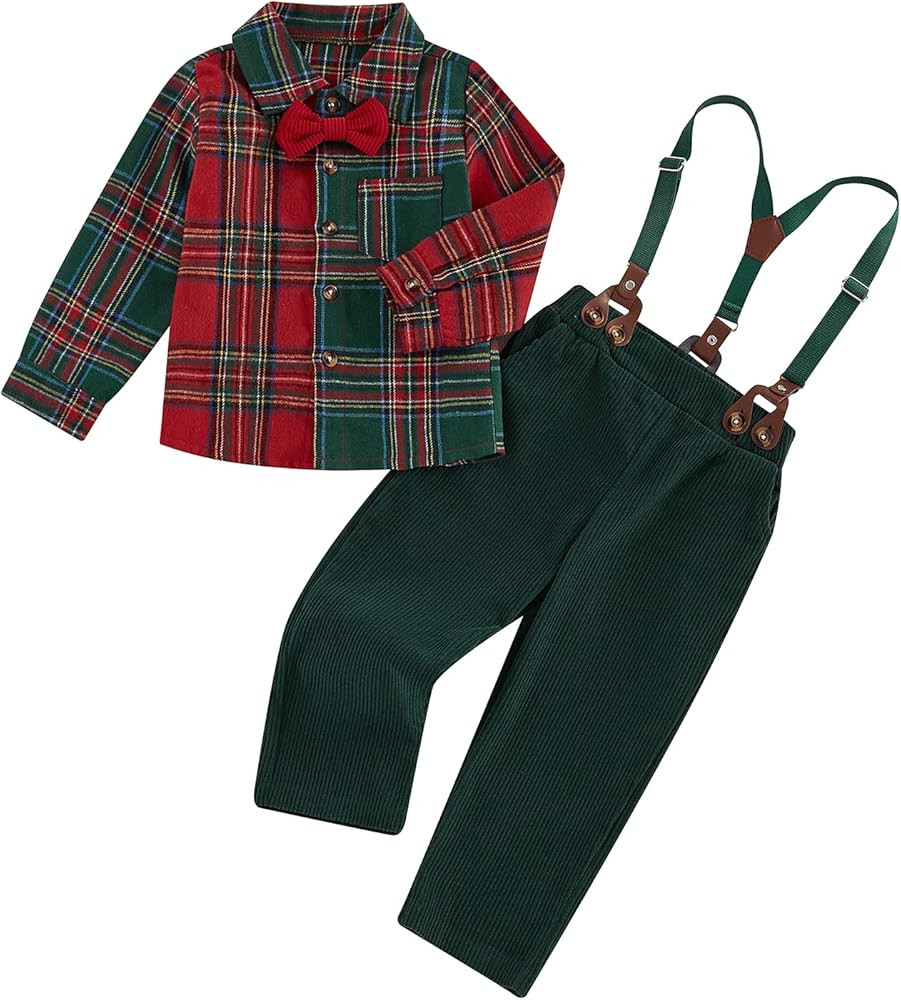 Christmas Boys Suit Bow Tie Long Sleeve Plaid Shirt Suspender Long Pants Formal Gentleman Kids Ou... | Amazon (US)