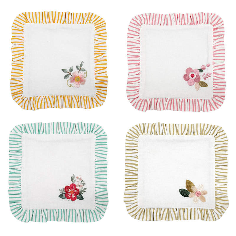 Set of 4 Ruffle Floral Embroidered Cocktail Napkins, 6" | At Home