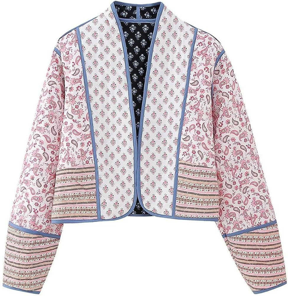 Flygo Women Cropped Puffer Jacket Cardigan Floral Printed Quilted Coats Lightweight Open Front Cr... | Amazon (US)