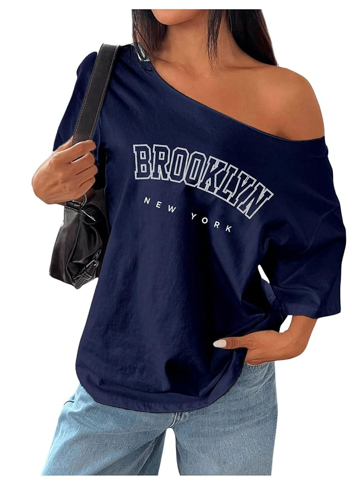 SHENHE Women's Oversized Off The Shoulder T Shirt Letter Print Graphic Short Sleeve Vintage Tee | Amazon (US)