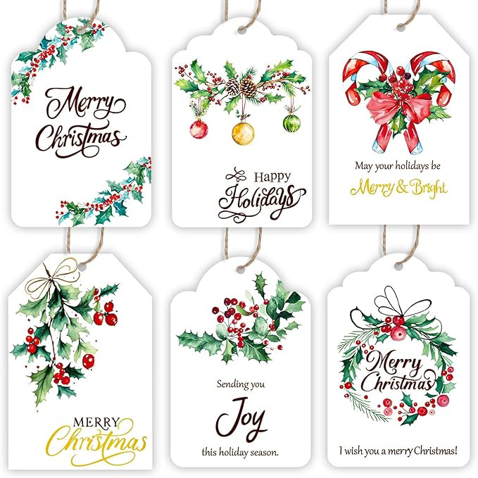 DERAYEE Merry Christmas Paper Gift Tags with Rope, 60PCS Watercolor Christmas Holly Berry Gift Ta... | Amazon (US)