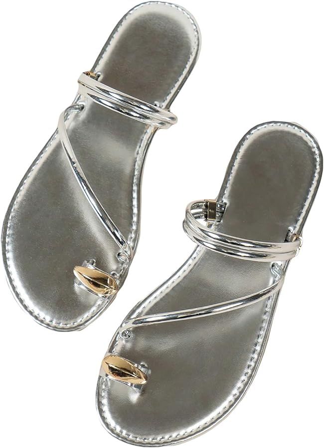 Verdusa Women's Metallic Open Toe Thong Sandals Summer Strappy Flat Sandals | Amazon (US)
