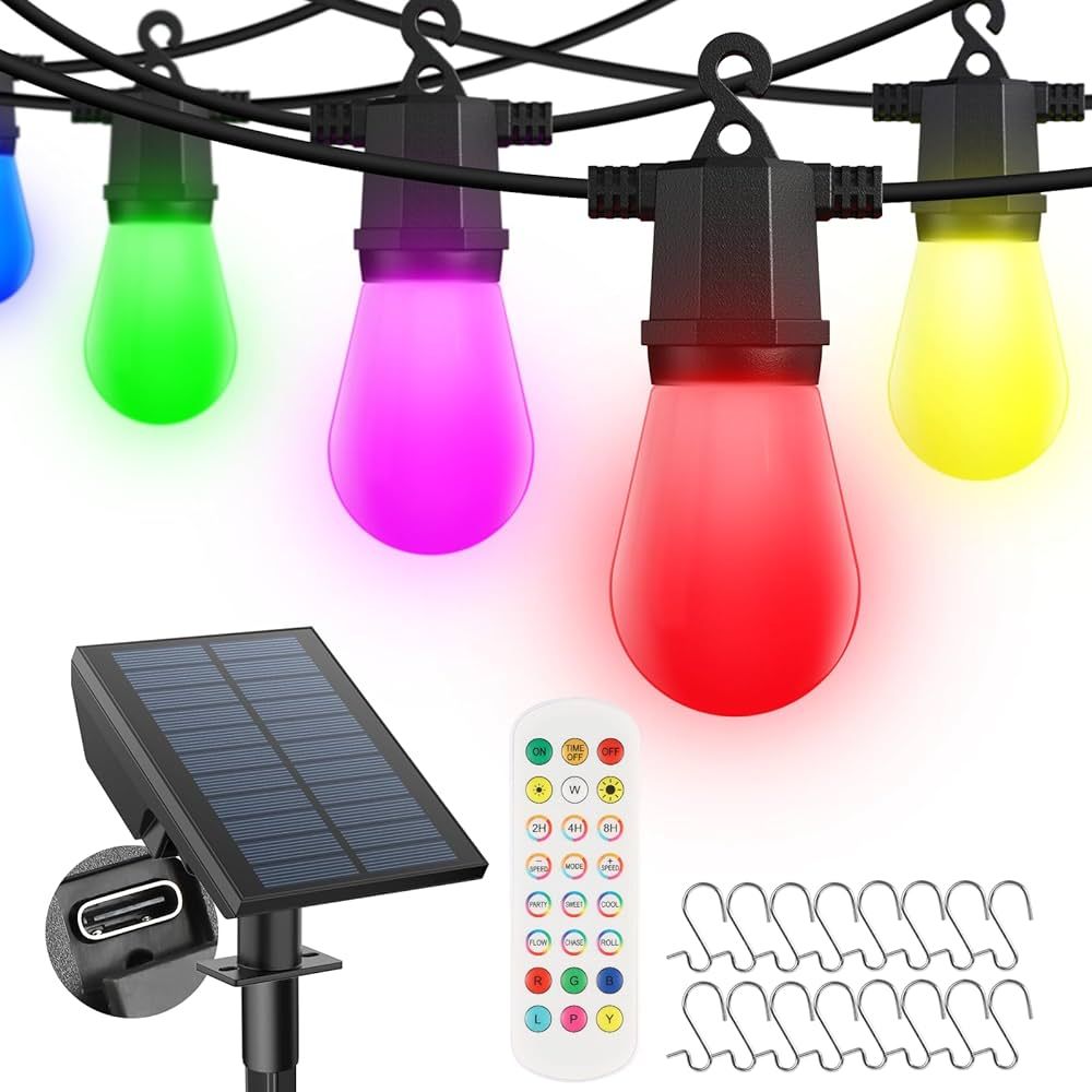 Solar Outdoor String Lights,48FT Color Changing String Lights with 16 Shatterproof LED Bulbs & Re... | Amazon (US)