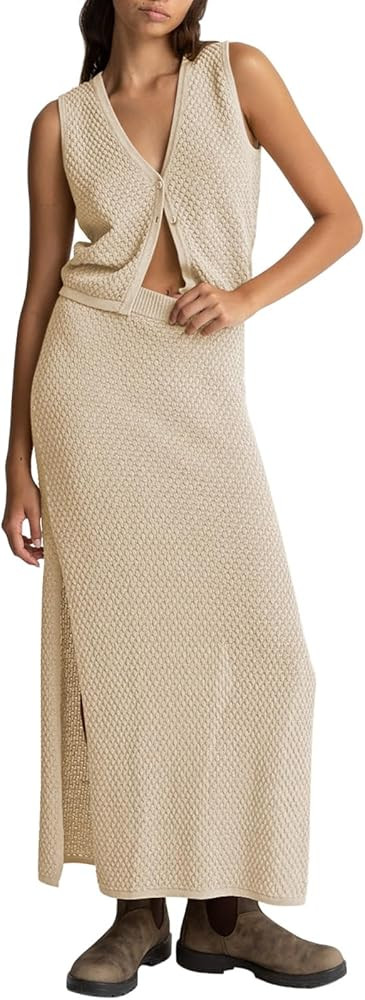 Pink Queen Women's Summer 2 Piece Outfit Set V Neck Button Crop Tank Top Vest Bodycon Maxi Long S... | Amazon (US)