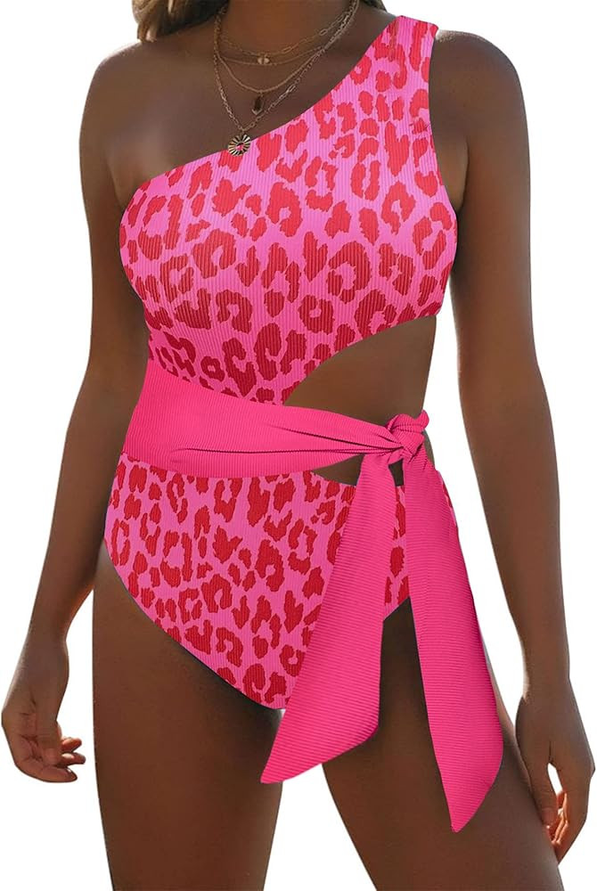 One Piece Bathing Suit for Women One Shoulder Cut Out Swimsuit Ribbed Color Block Monokini Tie Si... | Amazon (US)