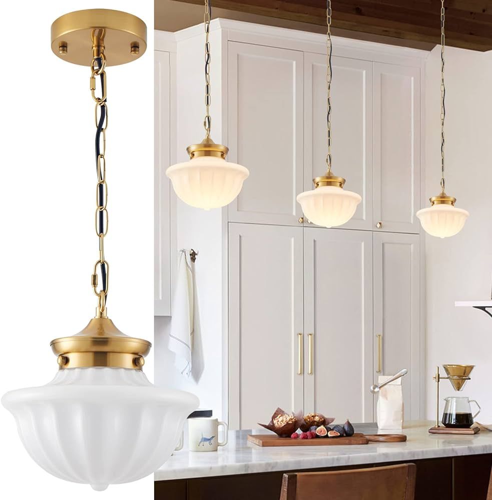 youngrender Schoolhouse Pendant Fixtures, 9" Brass Gold Milk Glass Pendant Light, Adjustable Mid ... | Amazon (US)