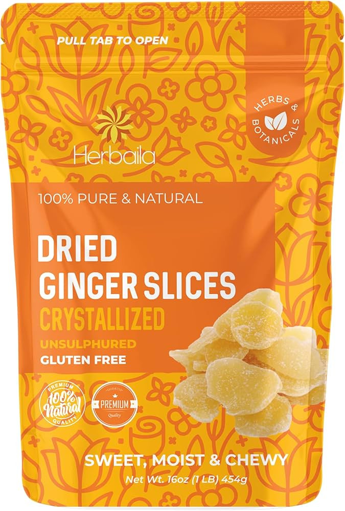 Herbaila Dried Crystallized Ginger Slices 16 oz. Unsulphured Dried Ginger Candy, Crystalized Ging... | Amazon (US)