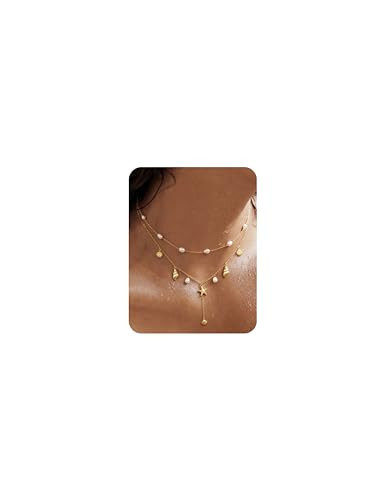 LOYALLOOK Shell Starfish Necklace for Women, 14k Gold Plated Dainty Layered SeaShell Conch Starfish Pearl Charm Necklace Stack, Non Tarnish Waterproof Gold Beach Accessories for Summer Vacation 2pcs | Amazon (US)