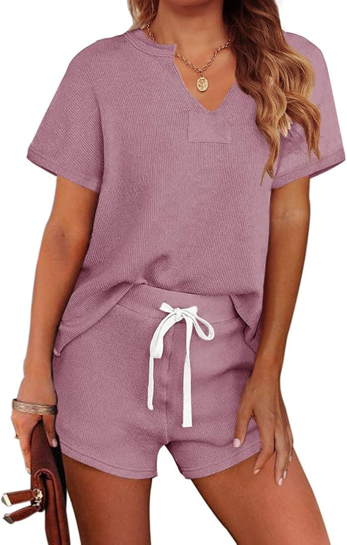 MEROKEETY Women's Short Sleeve Pajama Set Henley Tops and Shorts Sleepwear Loungewear Outfits at Ama | Amazon (US)