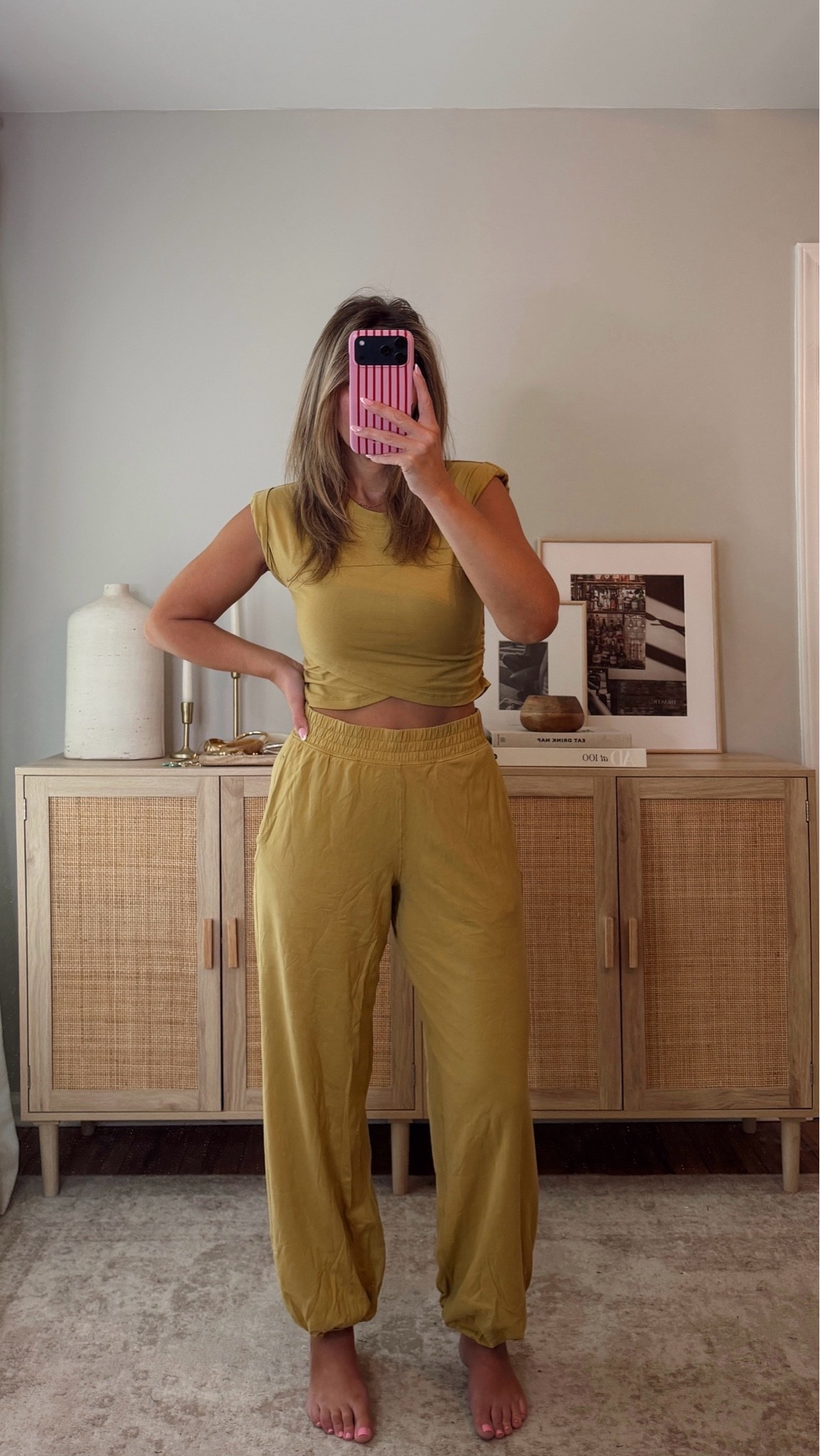 love this set! wearing the dried palm color, it looks more like chartreuse color than the yellow on the site. perfect for travel, lounging. easy throw on and go cute outfit! i’m in a size S. free people, travel outfit

#LTKootd