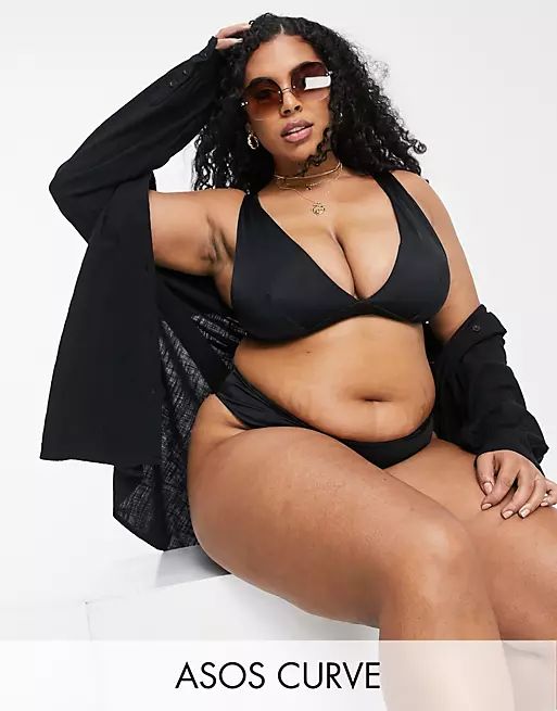 ASOS DESIGN curve recycled mix and match deep band plunge bikini top in black | ASOS (Global)
