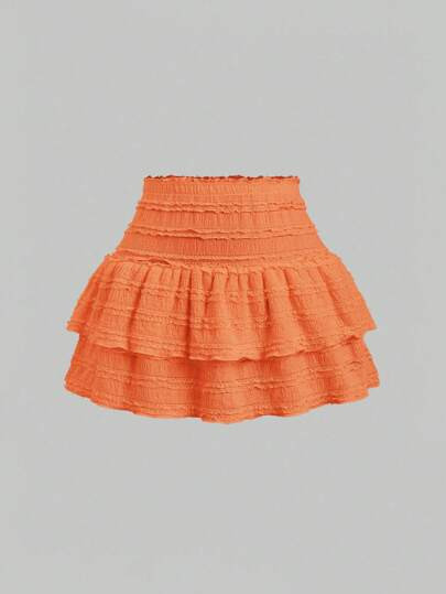 Sweetra Solid Color Ruffle Trim Double Layered Hem Orange Skirt, Casual & Resort Y2K Mini Short S... | SHEIN