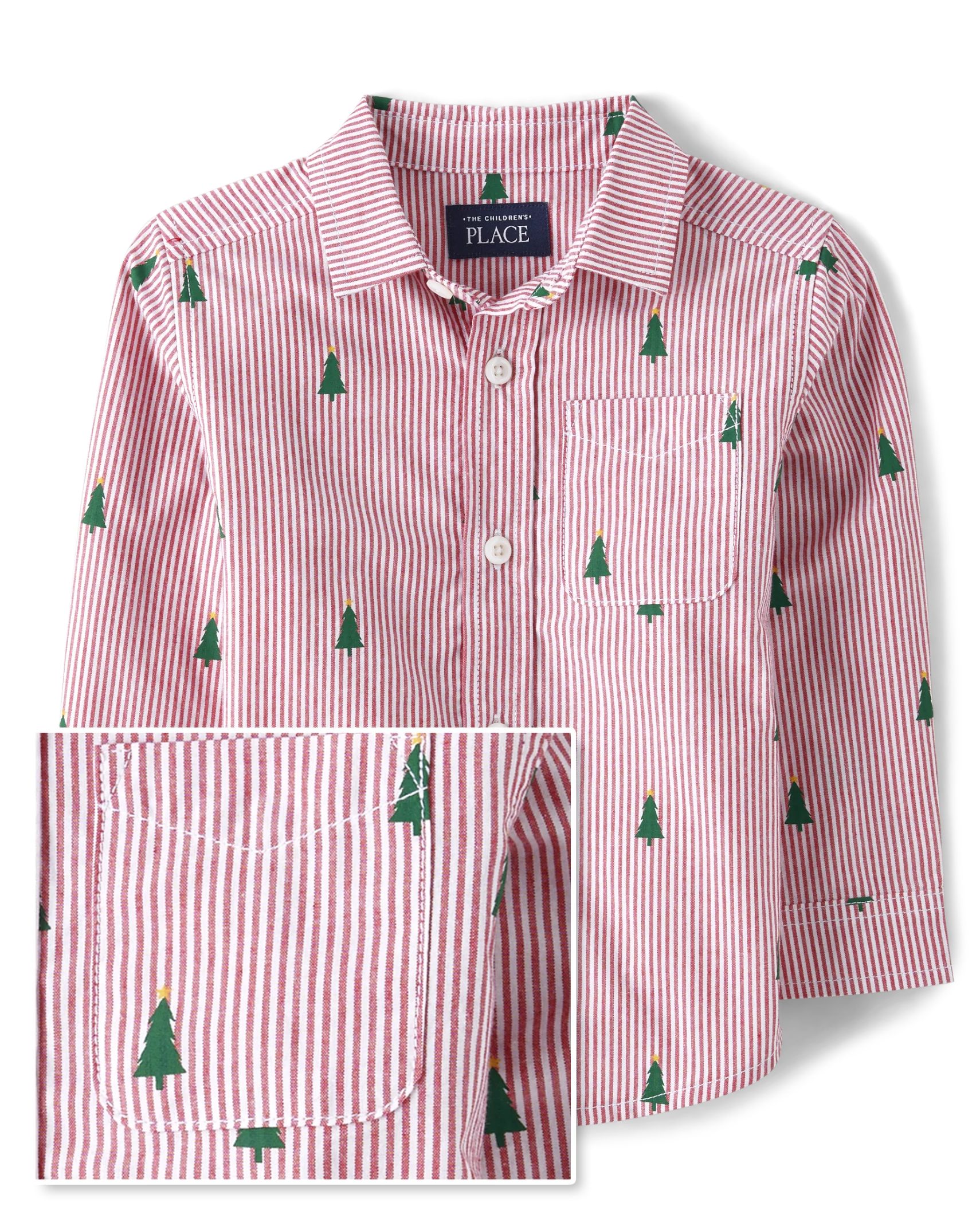 Baby And Toddler Boys Dad And Me Striped Christmas Tree Poplin Button Up Shirt - classicred | The Children's Place