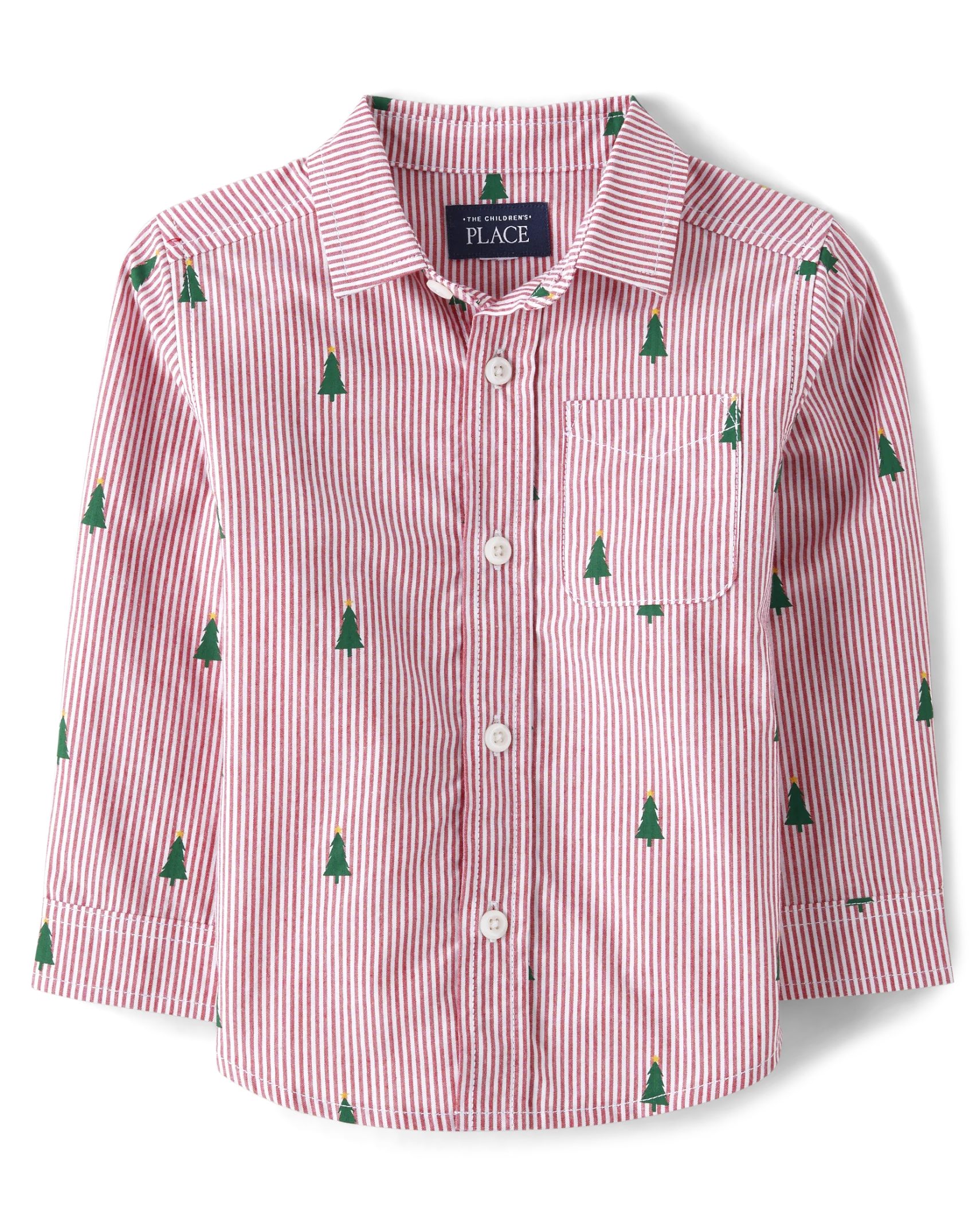 Baby And Toddler Boys Dad And Me Striped Christmas Tree Poplin Button Up Shirt - classicred | The Children's Place