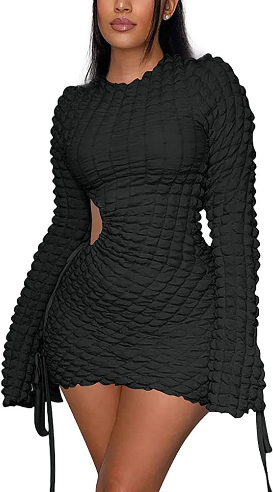 Women's Sexy Flare Long Sleeve Ruched Cutout Drawstring Bodycon Mini Dress Party Club Night Out S... | Amazon (US)