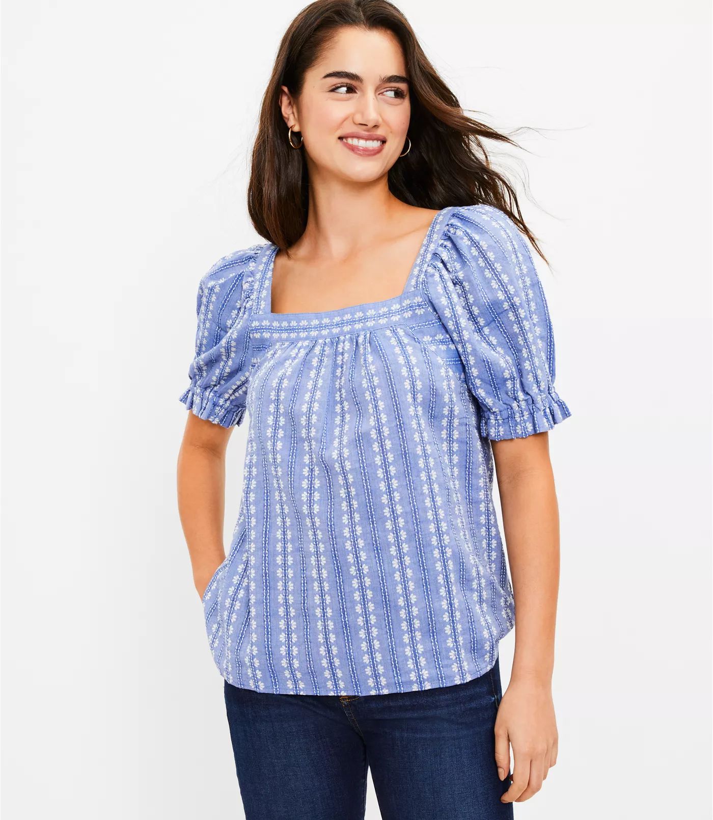 Jacquard Puff Sleeve Square Neck Top | LOFT | LOFT