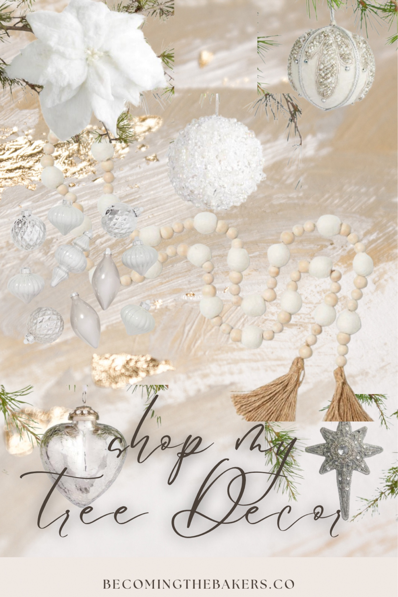 Christmas tree decor for a bright white and natural wood with pops of metallic silvers. A mixture of smooth and scratchy textures. Such a beautiful tree! Ornaments, garland and tree clips. 

#LTKhome #LTKSeasonal #LTKHoliday