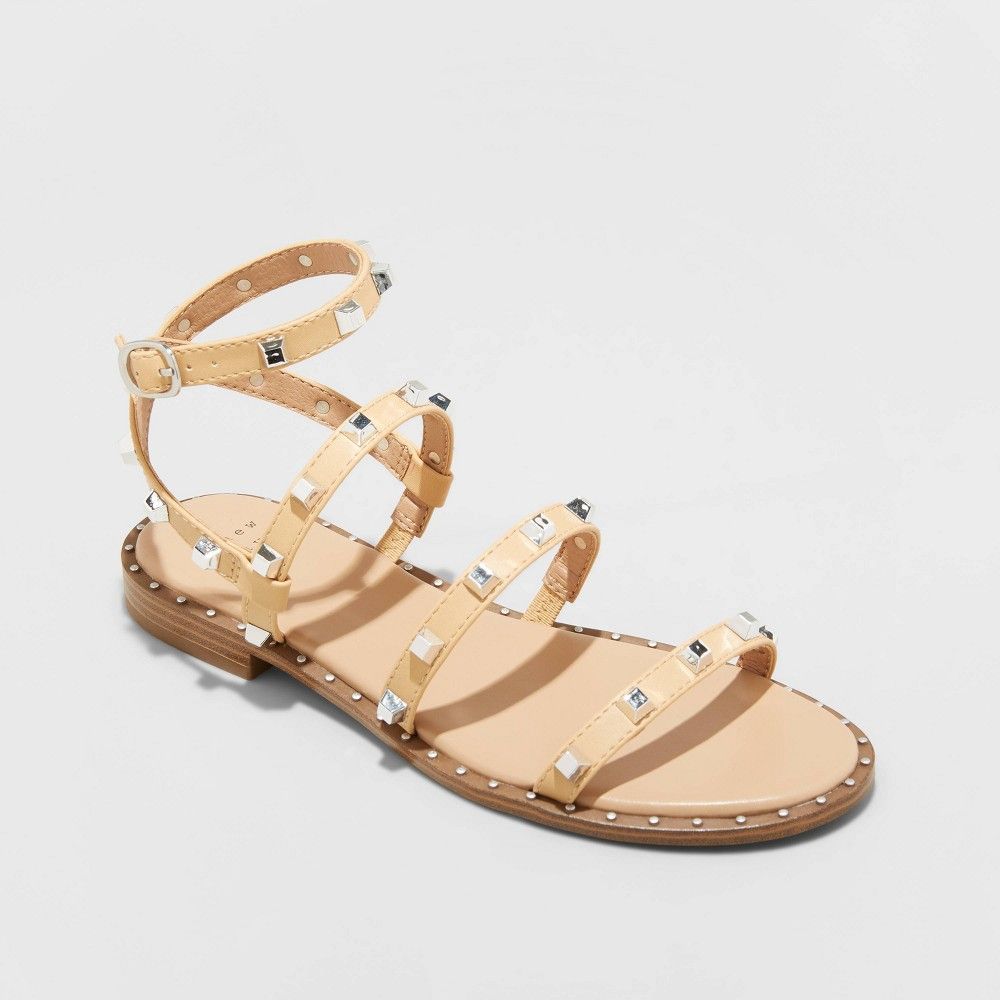 Women's Astrid Wide Width Studded Strappy Sandals - A New Day Tan 8W | Target
