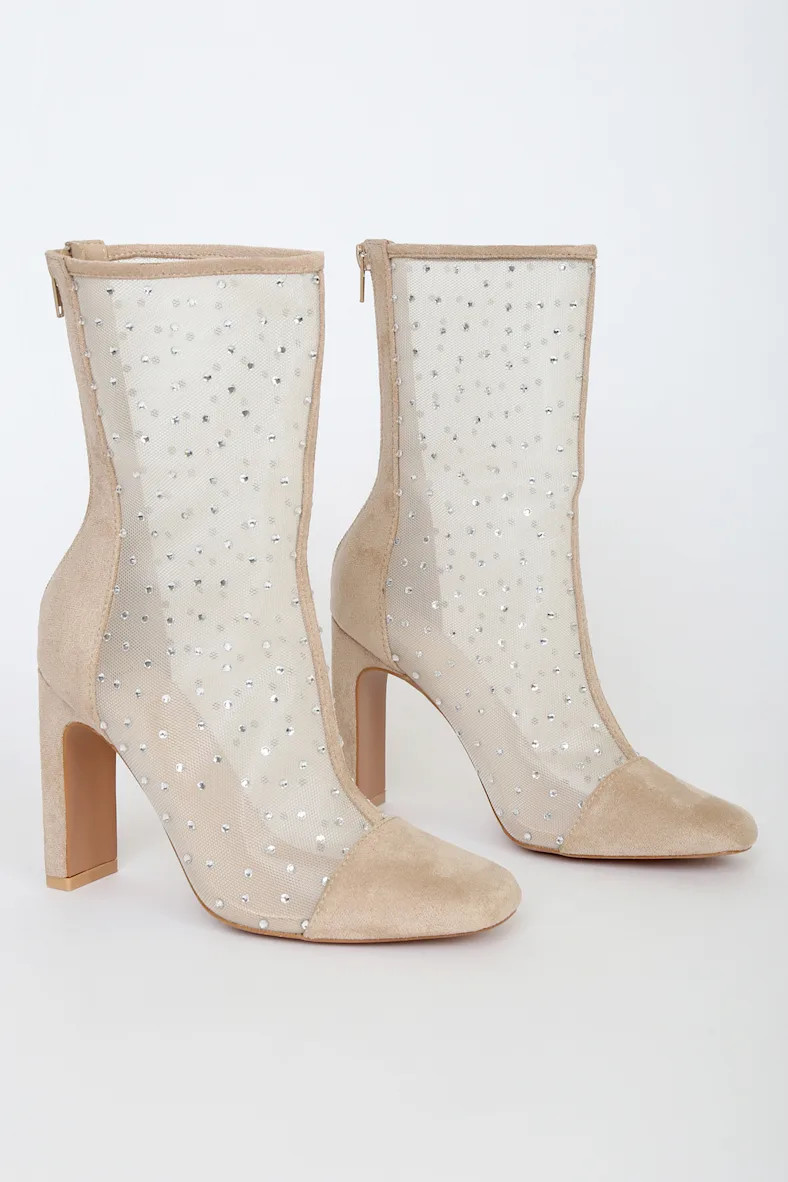 Samella Light Nude Suede Rhinestone Mesh Mid-Calf Boots | Lulus (US)