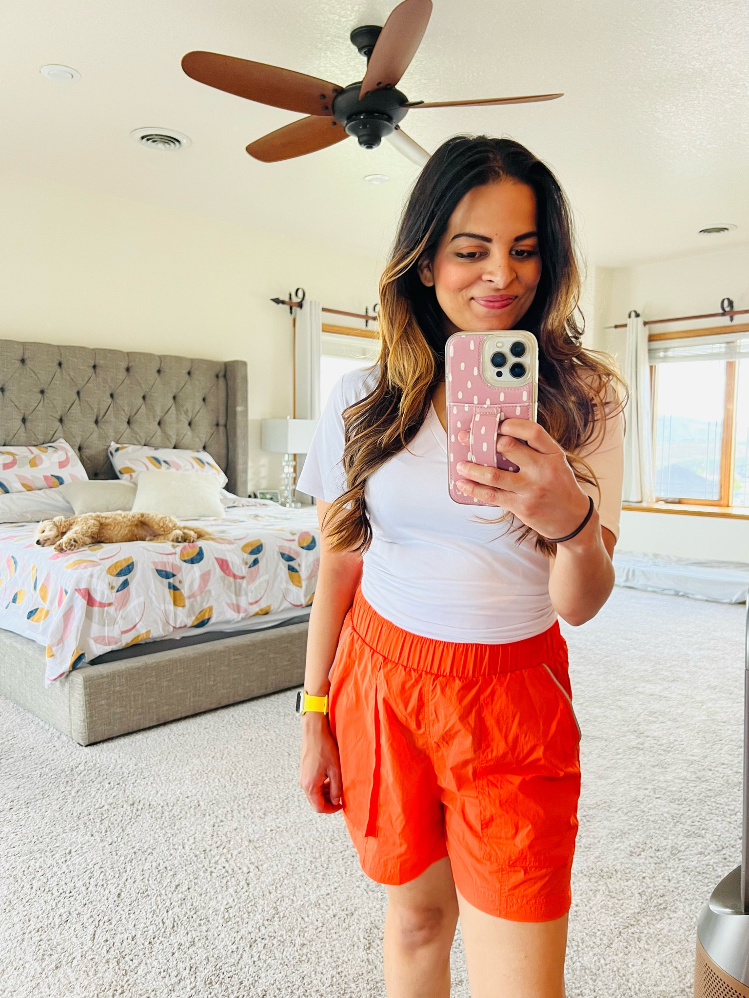 Post morning walk/workout look! Fabletics game is strong with their athleisure wear! These nylon shorts are so light and breathable! And I love the bright orange color! #summer #workout #outfit #athleisure 