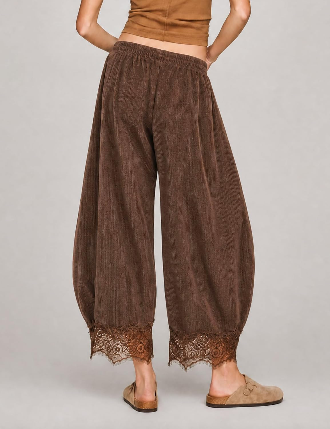 MINSURE Women's Corduroy Wide Leg Drawstring Waist Lace Hem Pants | Amazon (US)