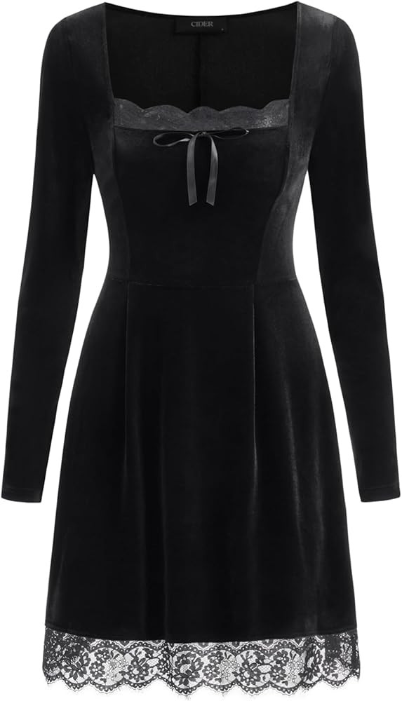 CIDER Womens Velvet Long Sleeve Mini Dress Lace Trim Elegant Party Dress | Amazon (US)