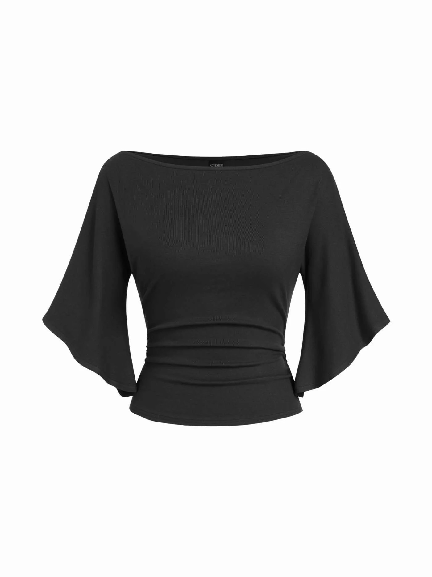 Boat Neck Mid-length Bell Sleeve Ruched Tee | Cider