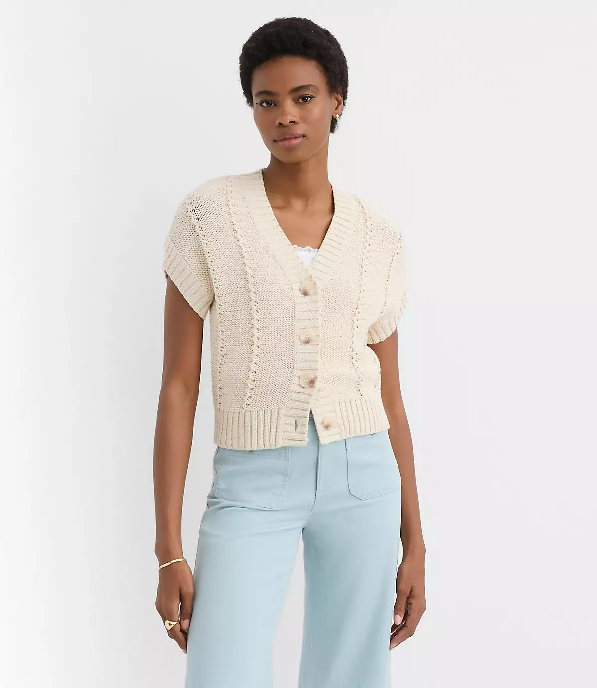 Pointelle Textured Short Sleeve Cardigan | LOFT