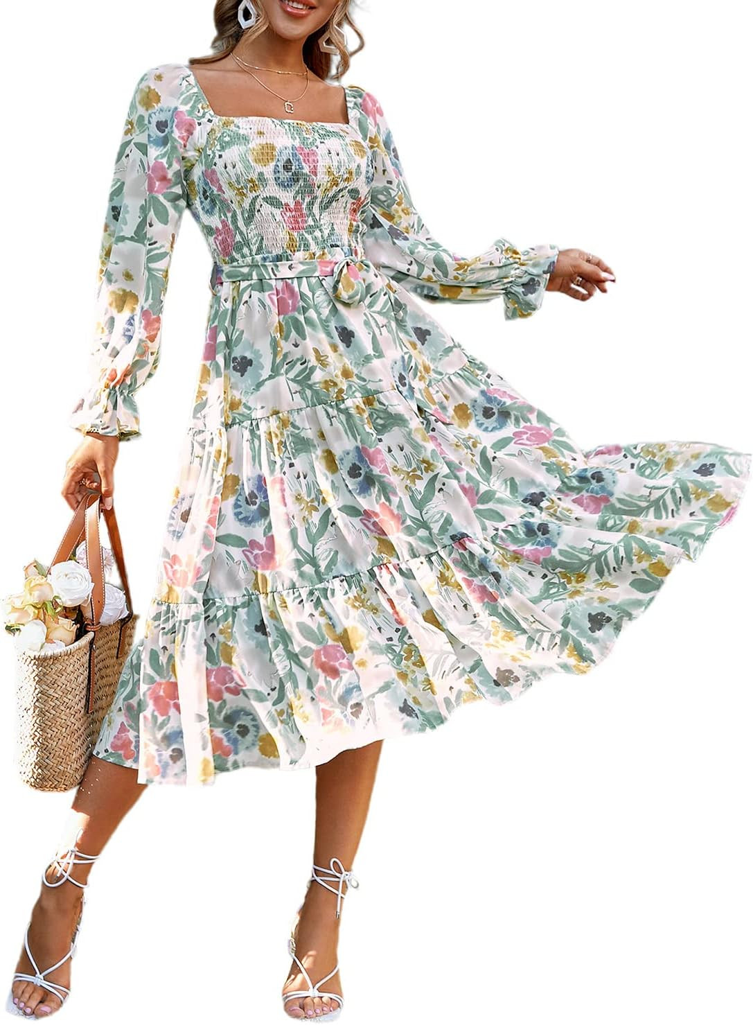 Amegoya Women's Boho Flowy Long Sleeve Square Neck Floral Midi Dress Smocked Spring Fall Wedding ... | Amazon (US)