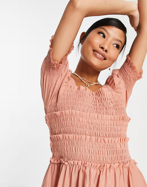 ASOS DESIGN Petite square neck shirred raw edge mini skater dress in dusky pink  | ASOS | ASOS (Global)