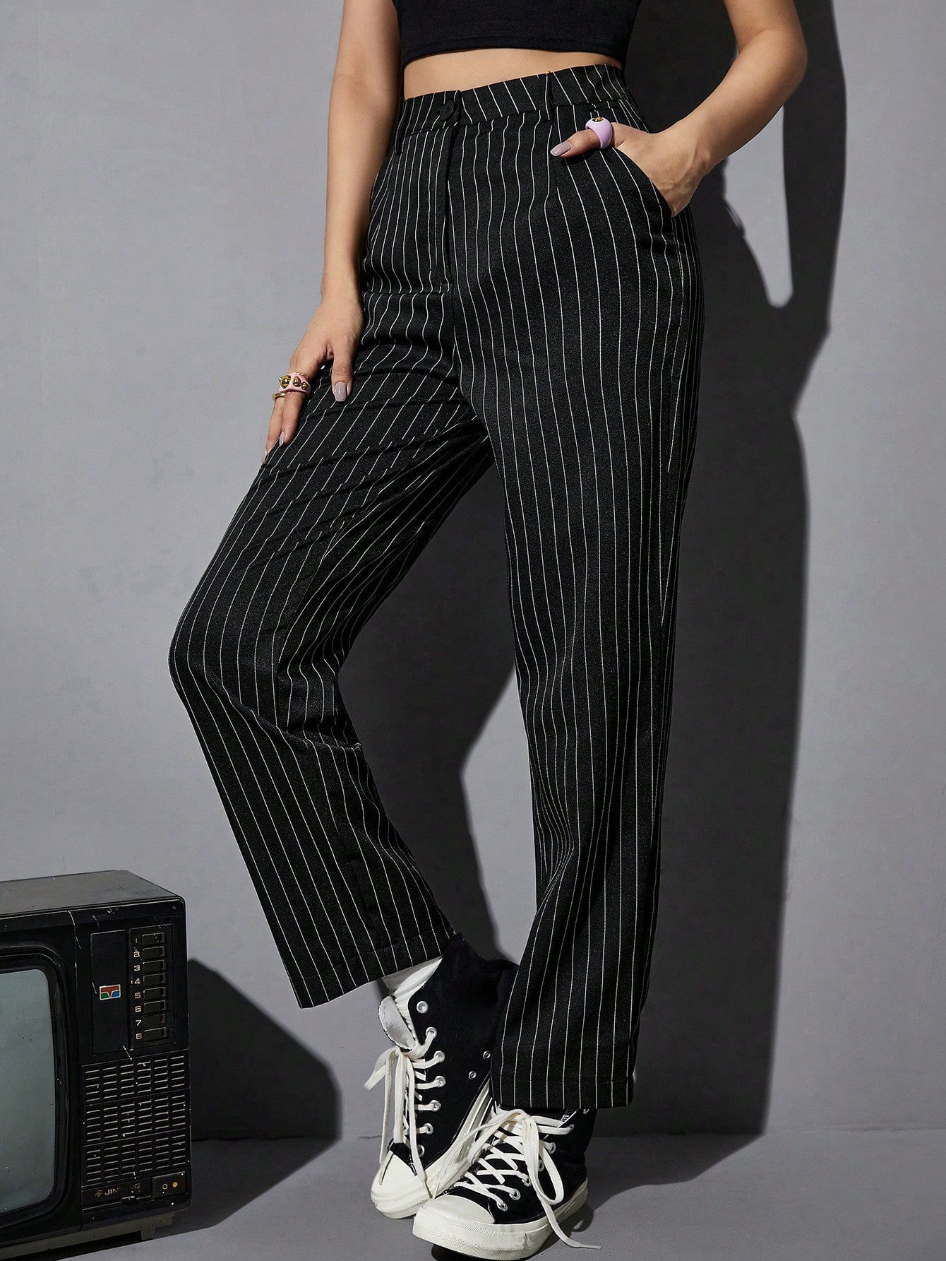 SHEIN MOOSTA High Waist Striped Straight Leg Cropped Pants | SHEIN