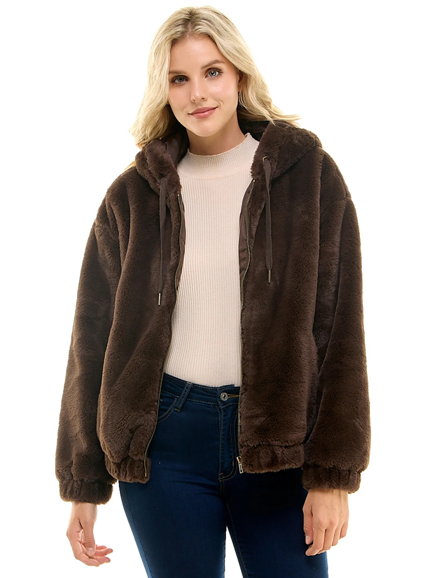 Time and Tru Women's Faux Fur Zip Up Hoodie, Sizes XS-3X - Walmart.com | Walmart (US)